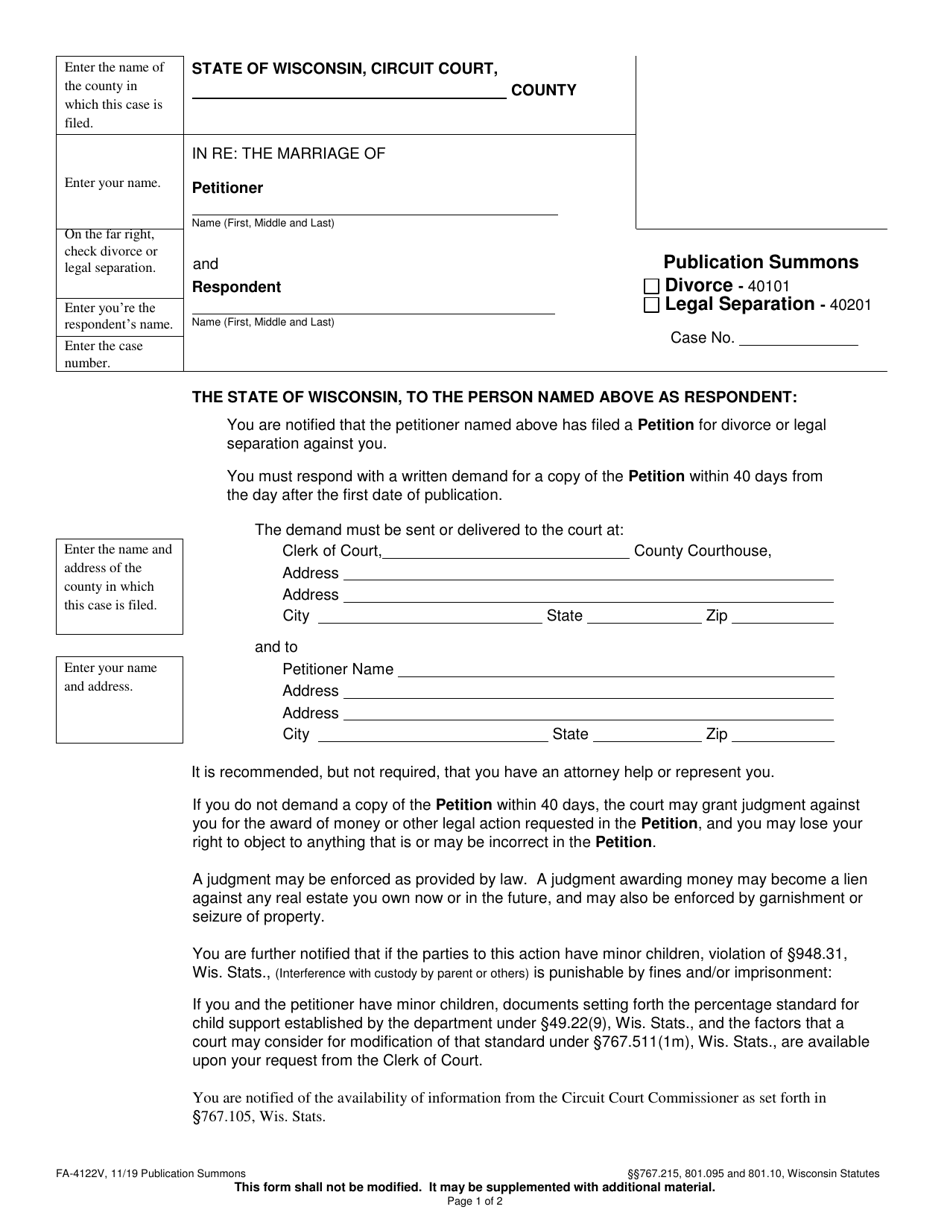 Form FA-4122V Publication Summons - Wisconsin, Page 1