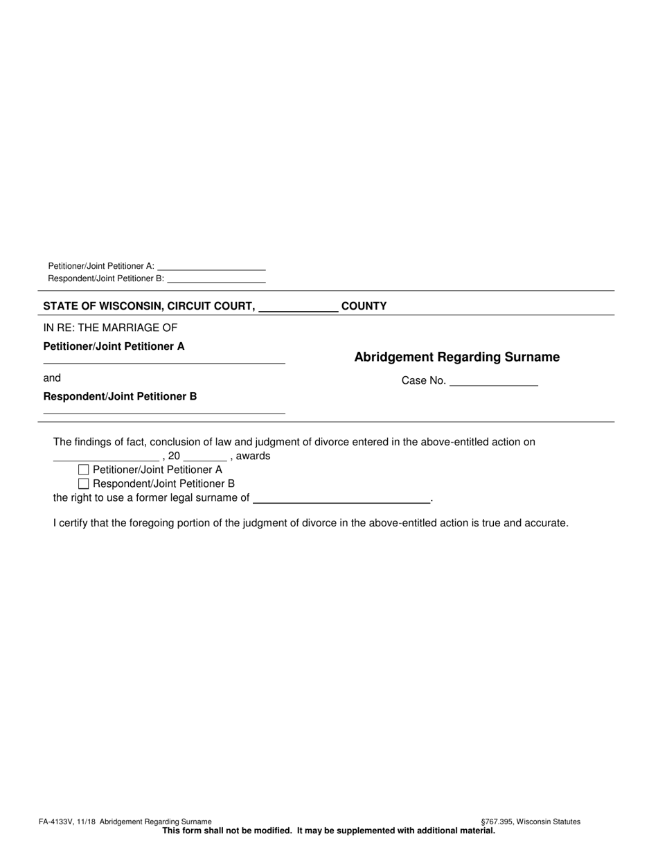 Form FA-4133V Abridgement Regarding Surname - Wisconsin, Page 1