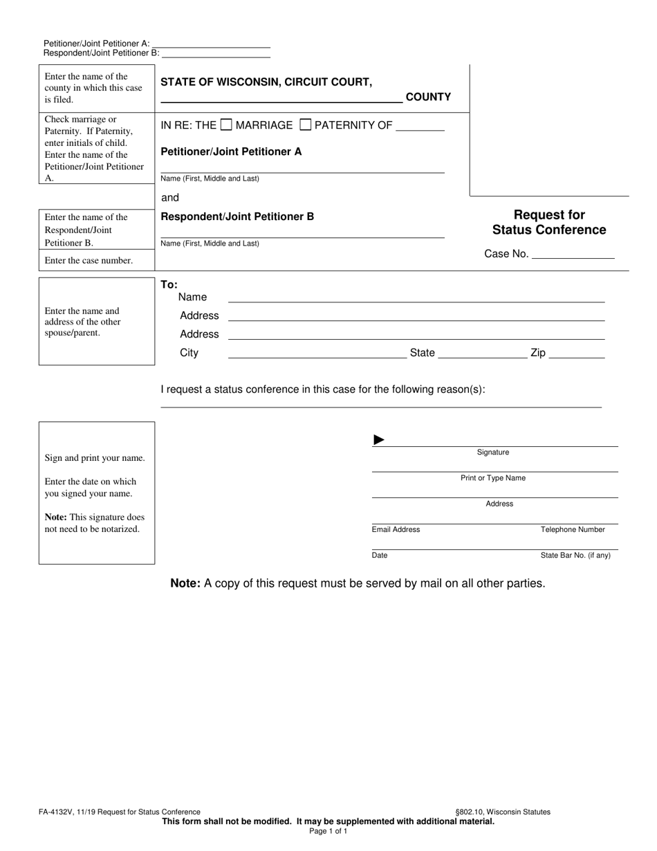 Form FA-4132V Request for Status Conference - Wisconsin, Page 1