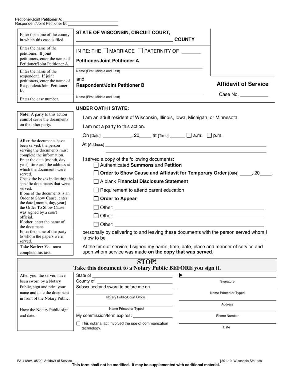 Form FA-4120V Affidavit of Service - Wisconsin, Page 1