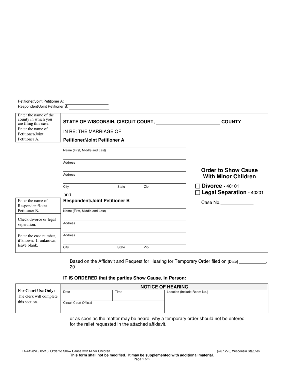 Form FA-4128VB Order to Show Cause With Minor Children - Wisconsin, Page 1