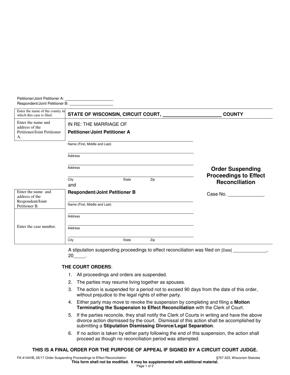 Form FA-4144VB Order Suspending Proceedings to Effect Reconciliation - Wisconsin, Page 1