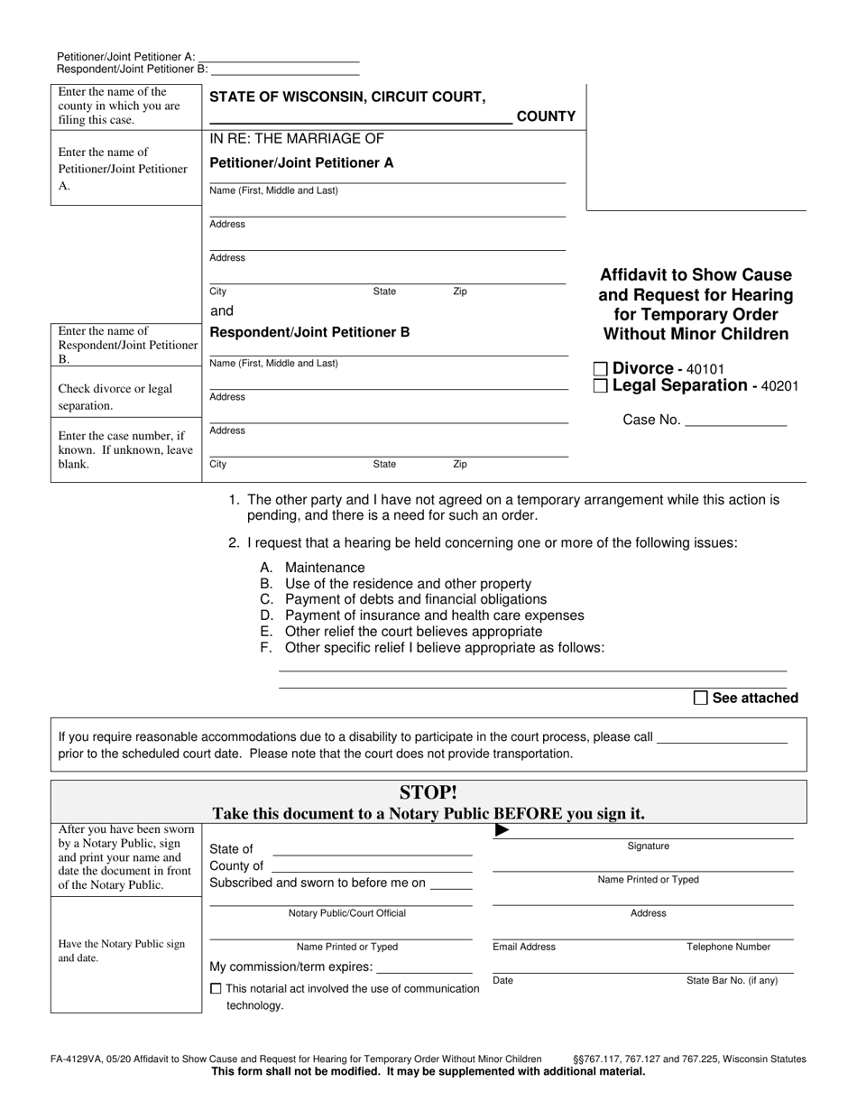 Form FA-4129VA Affidavit to Show Cause and Request for Hearing for Temporary Order Without Minor Children - Wisconsin, Page 1