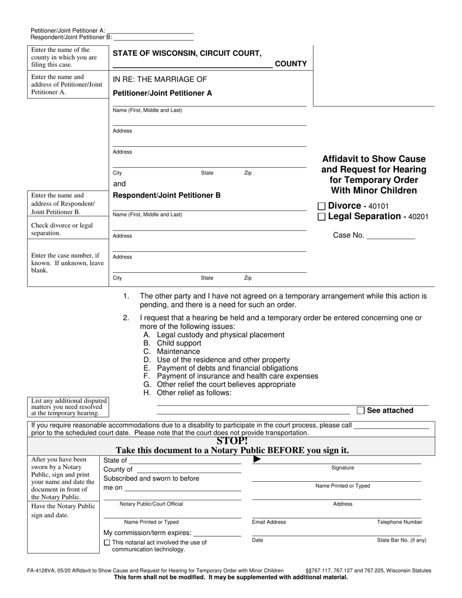 Form FA-4128VA Affidavit to Show Cause and Request for Hearing for Temporary Order With Minor Children - Wisconsin, Page 1