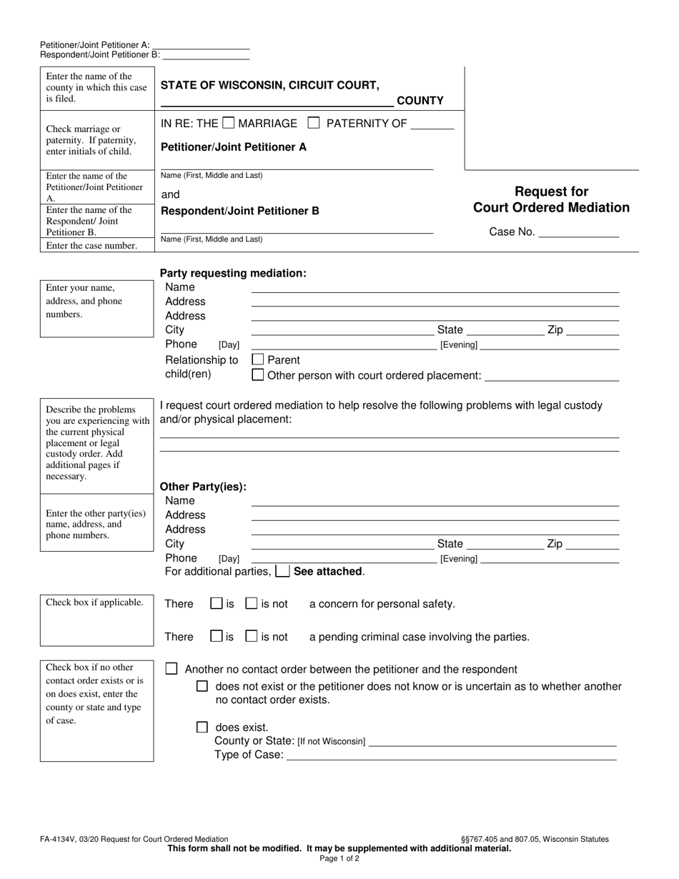 Form FA-4134V Request for Court Ordered Mediation - Wisconsin, Page 1