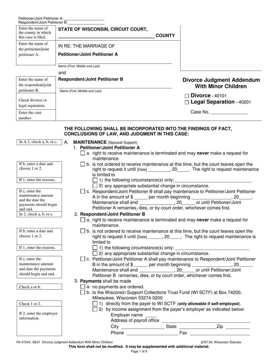 Form FA-4154V Divorce Judgment Addendum With Minor Children - Wisconsin, Page 1