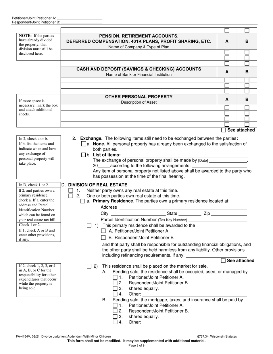 Form FA-4154V Divorce Judgment Addendum With Minor Children - Wisconsin, Page 3