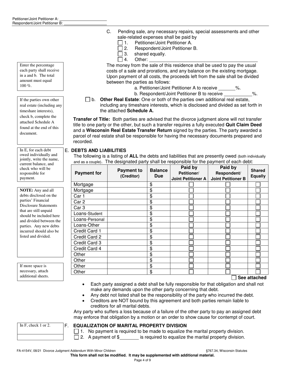 Form FA-4154V Divorce Judgment Addendum With Minor Children - Wisconsin, Page 4