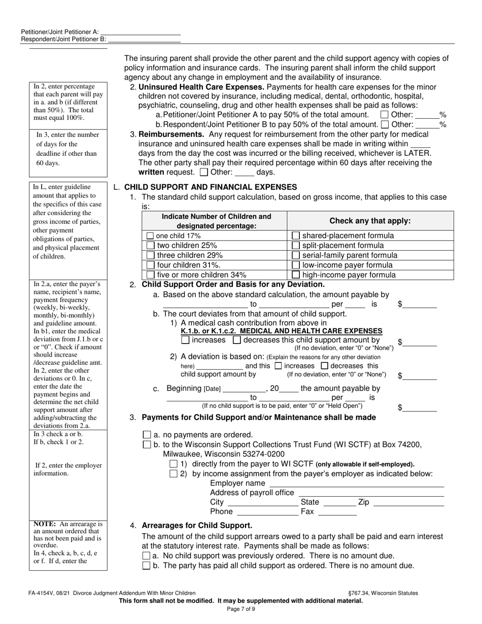 Form FA-4154V Divorce Judgment Addendum With Minor Children - Wisconsin, Page 7