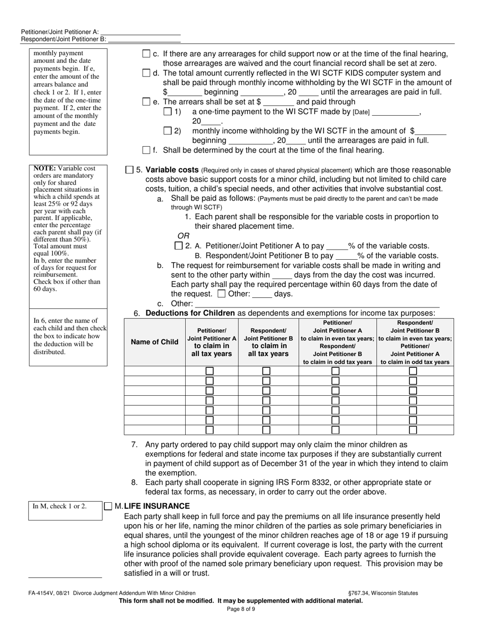 Form FA-4154V Divorce Judgment Addendum With Minor Children - Wisconsin, Page 8