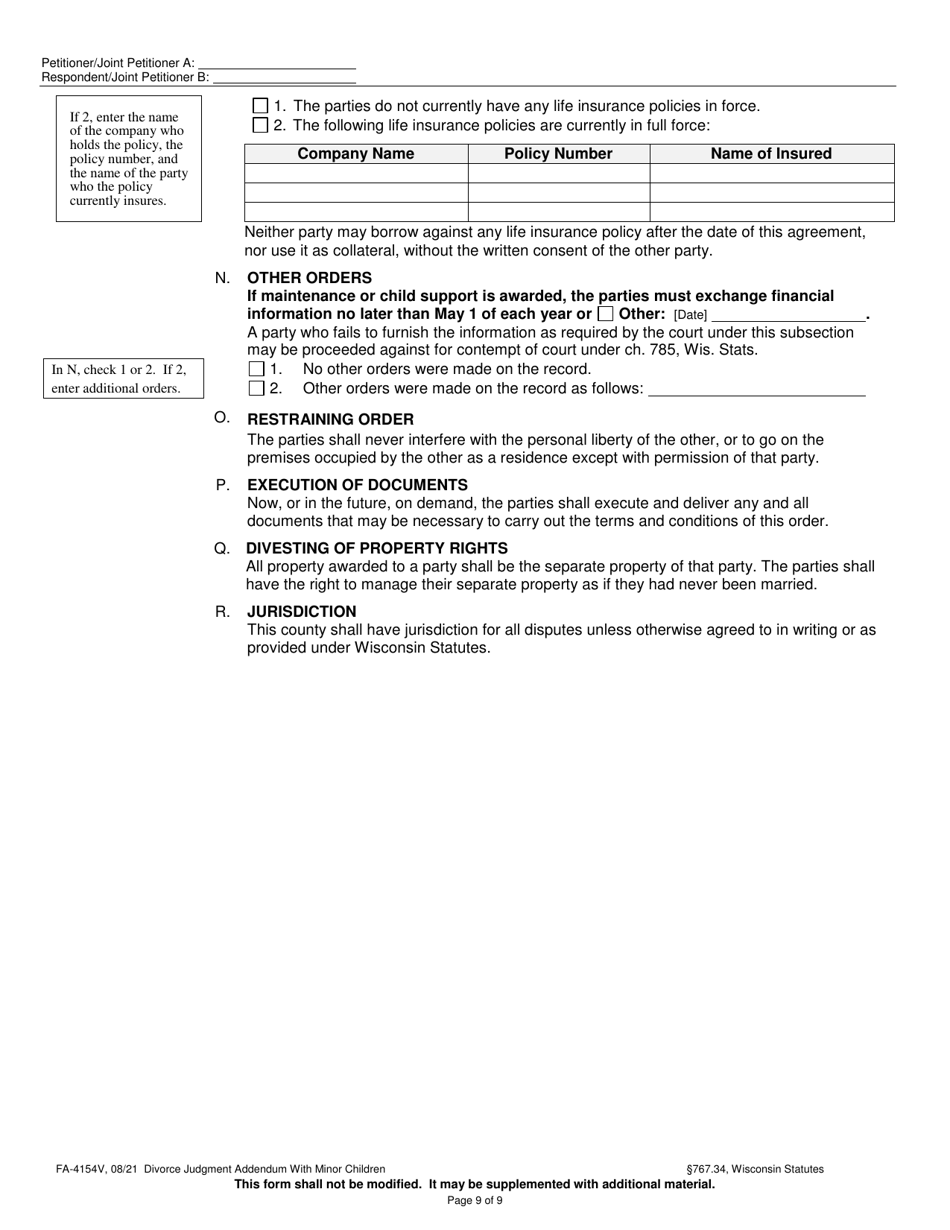 Form FA-4154V Divorce Judgment Addendum With Minor Children - Wisconsin, Page 9