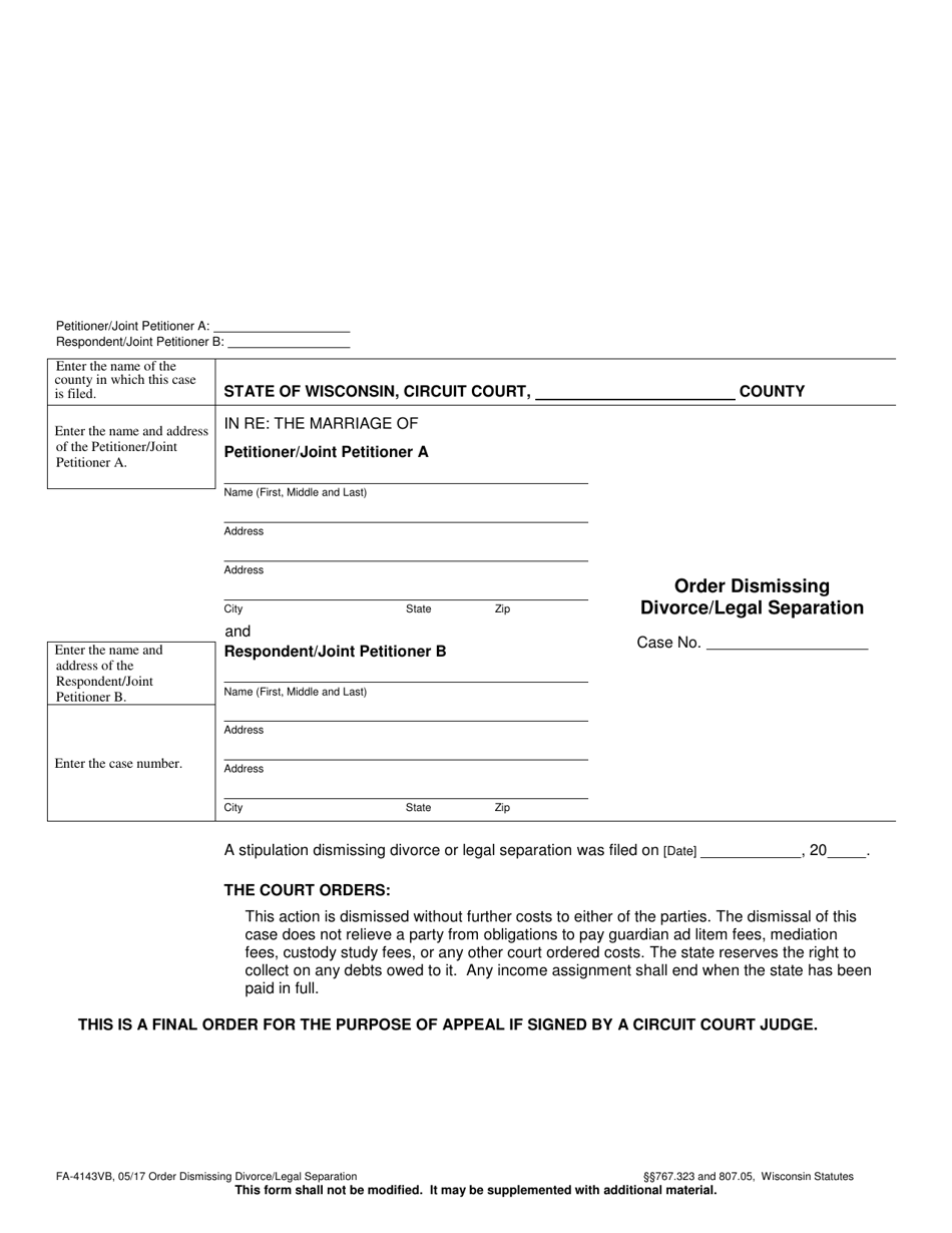Form FA-4143VB Order Dismissing Divorce / Legal Separation - Wisconsin, Page 1
