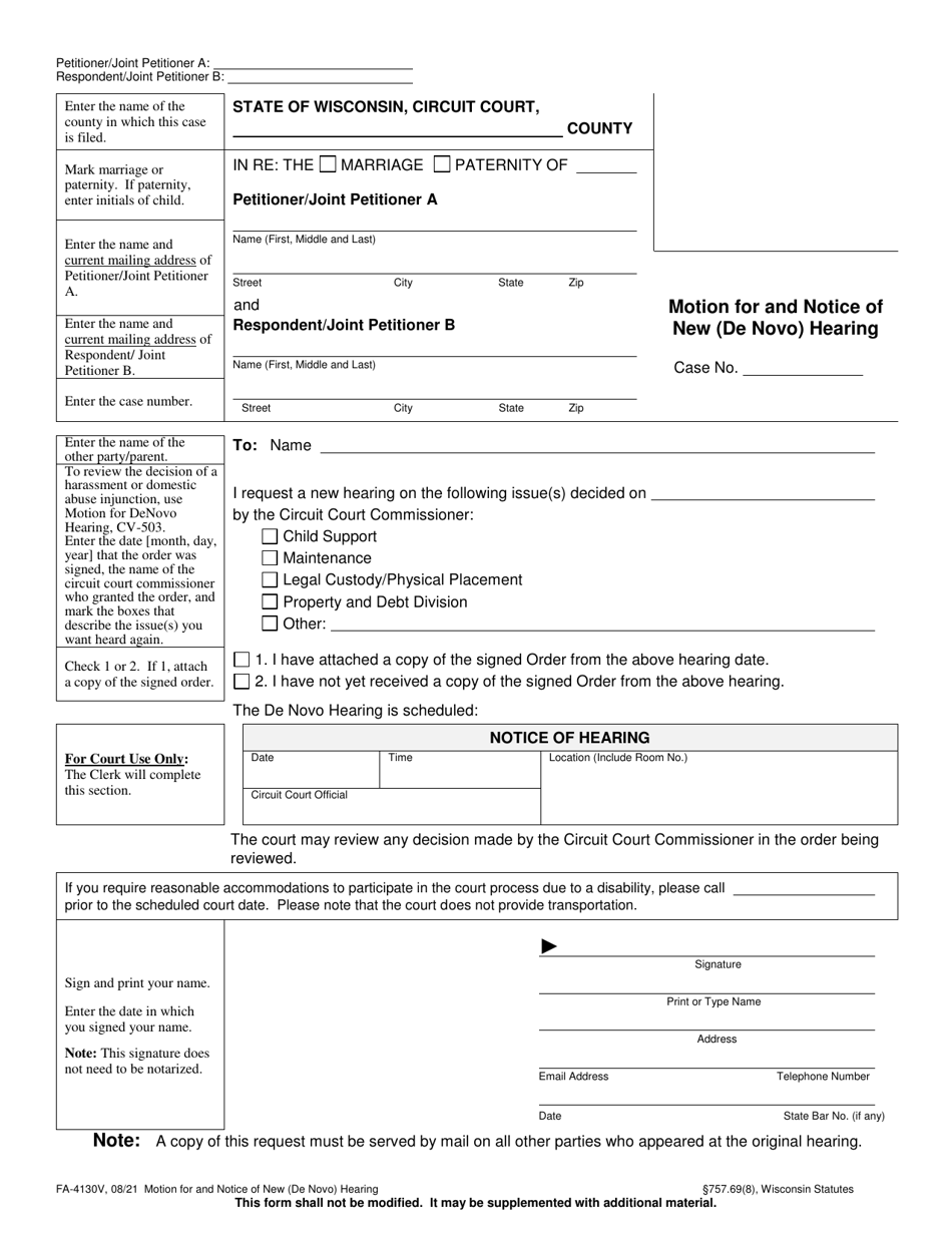 Form FA-4130V Motion for and Notice of New (De Novo) Hearing - Wisconsin, Page 1
