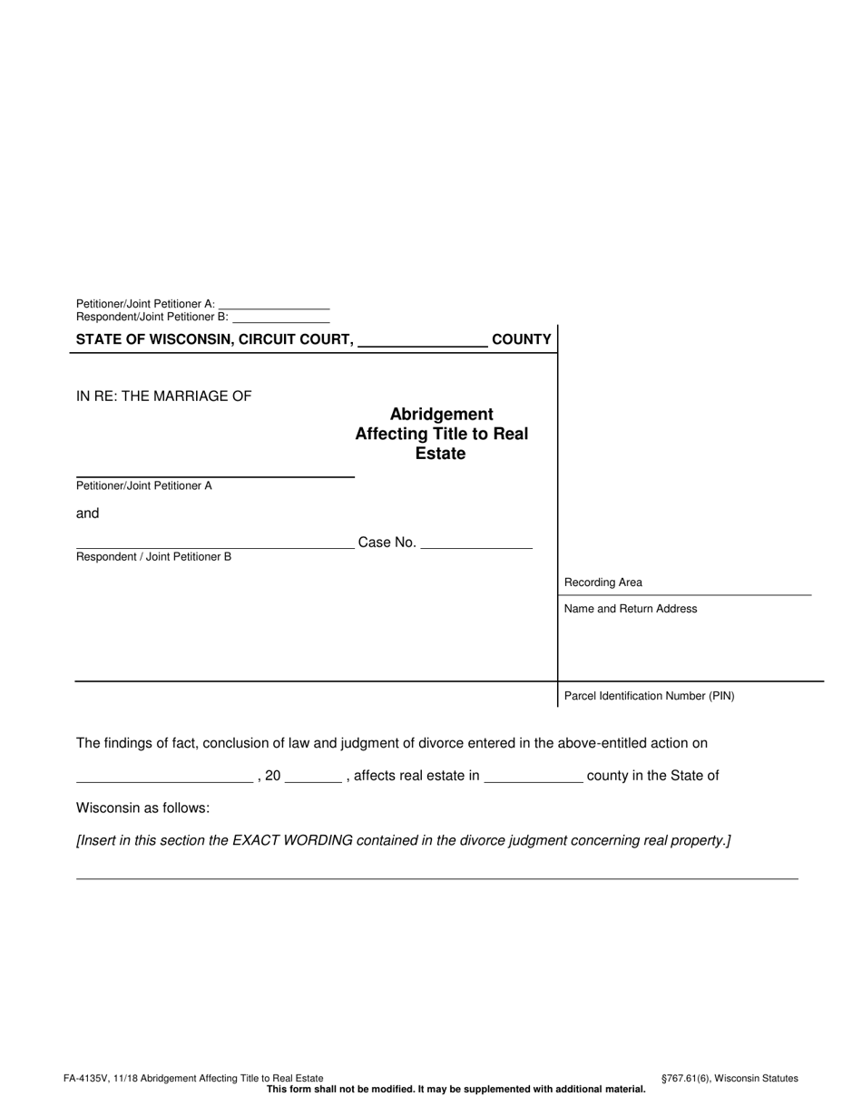 Form FA-4135V Abridgement Affecting Title to Real Estate - Wisconsin, Page 1