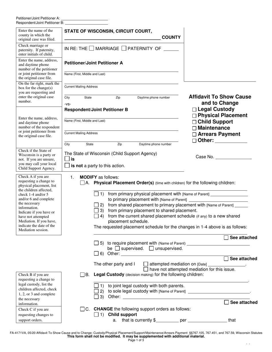 Form FA-4171VA Affidavit to Show Cause and to Change: Custody / Placement / Support / Maintenance - Wisconsin, Page 1