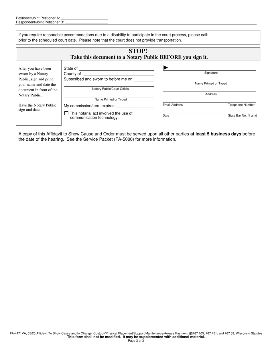 Form FA-4171VA Affidavit to Show Cause and to Change: Custody / Placement / Support / Maintenance - Wisconsin, Page 3