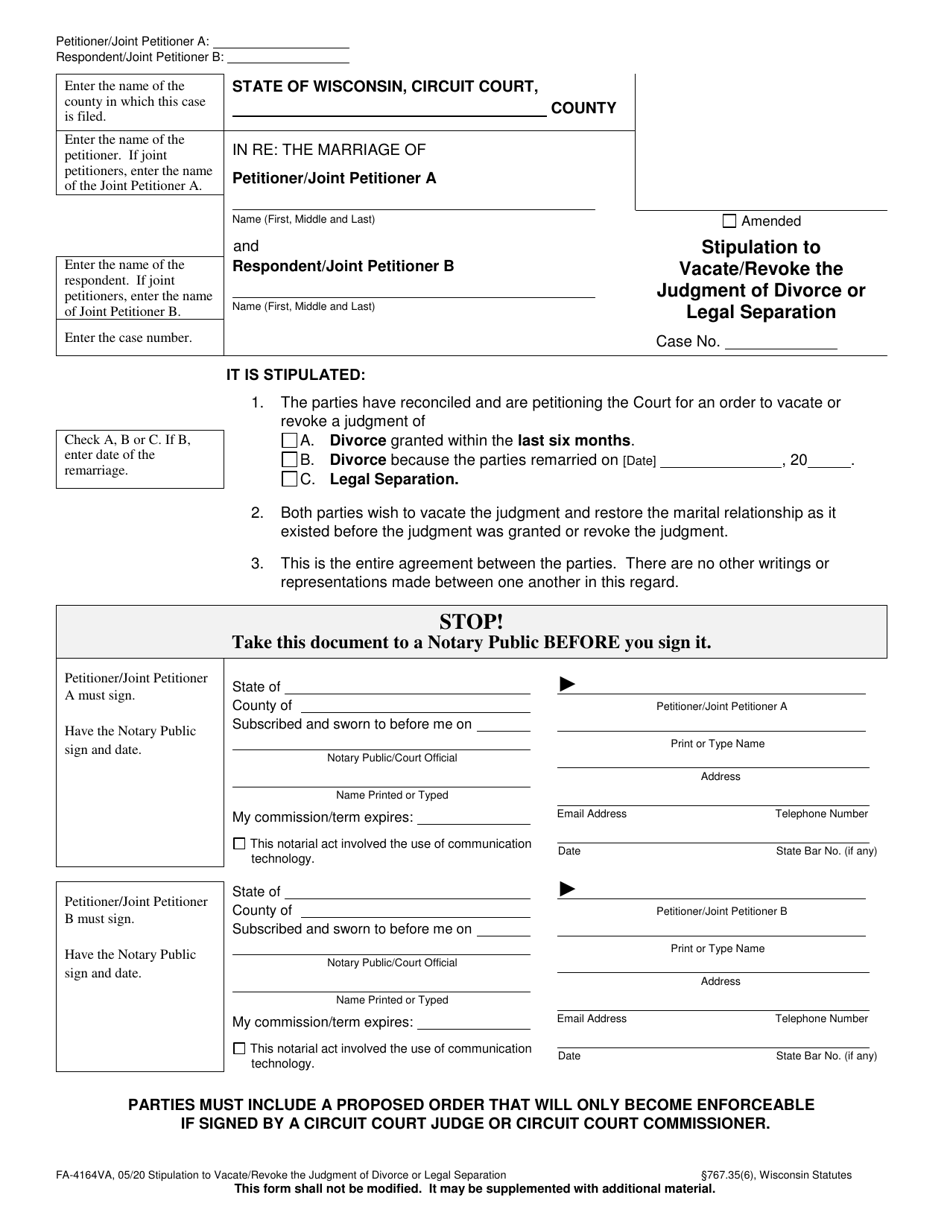 Form FA-4164VA Stipulation to Vacate / Revoke the Judgment of Divorce or Legal Separation - Wisconsin, Page 1