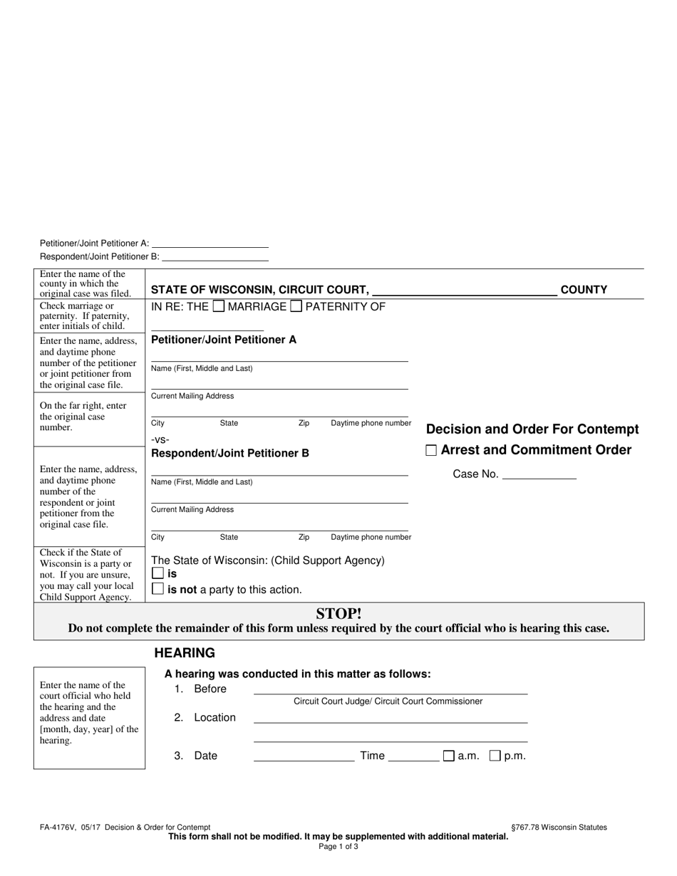 Form FA-4176V Decision and Order for Contempt - Wisconsin, Page 1