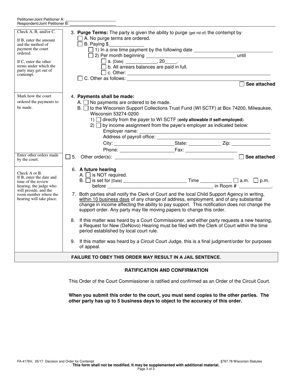 Form FA-4176V Decision and Order for Contempt - Wisconsin, Page 3