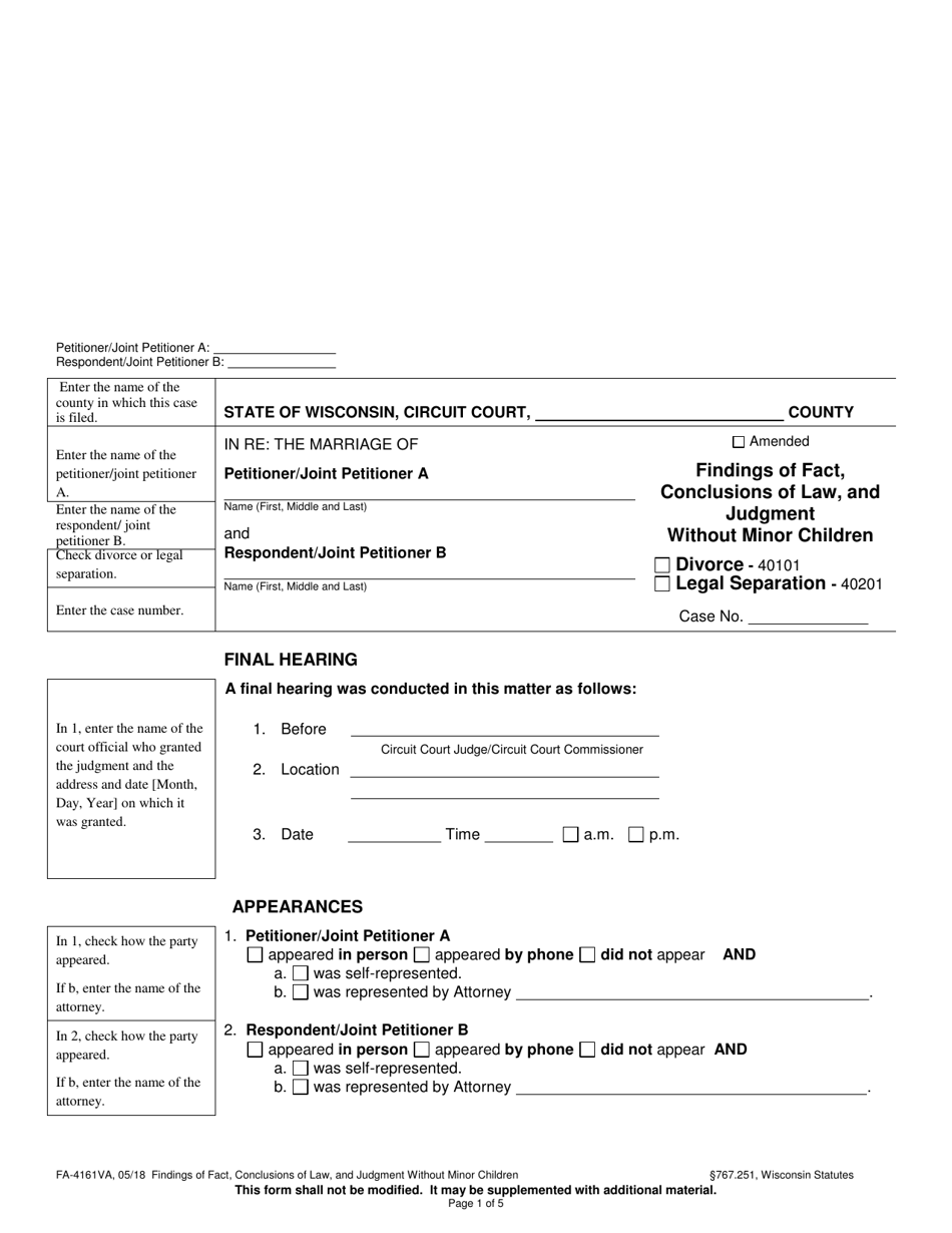 Form FA-1461VA Findings of Fact, Conclusions of Law, and Judgment Without Minor Children - Wisconsin, Page 1