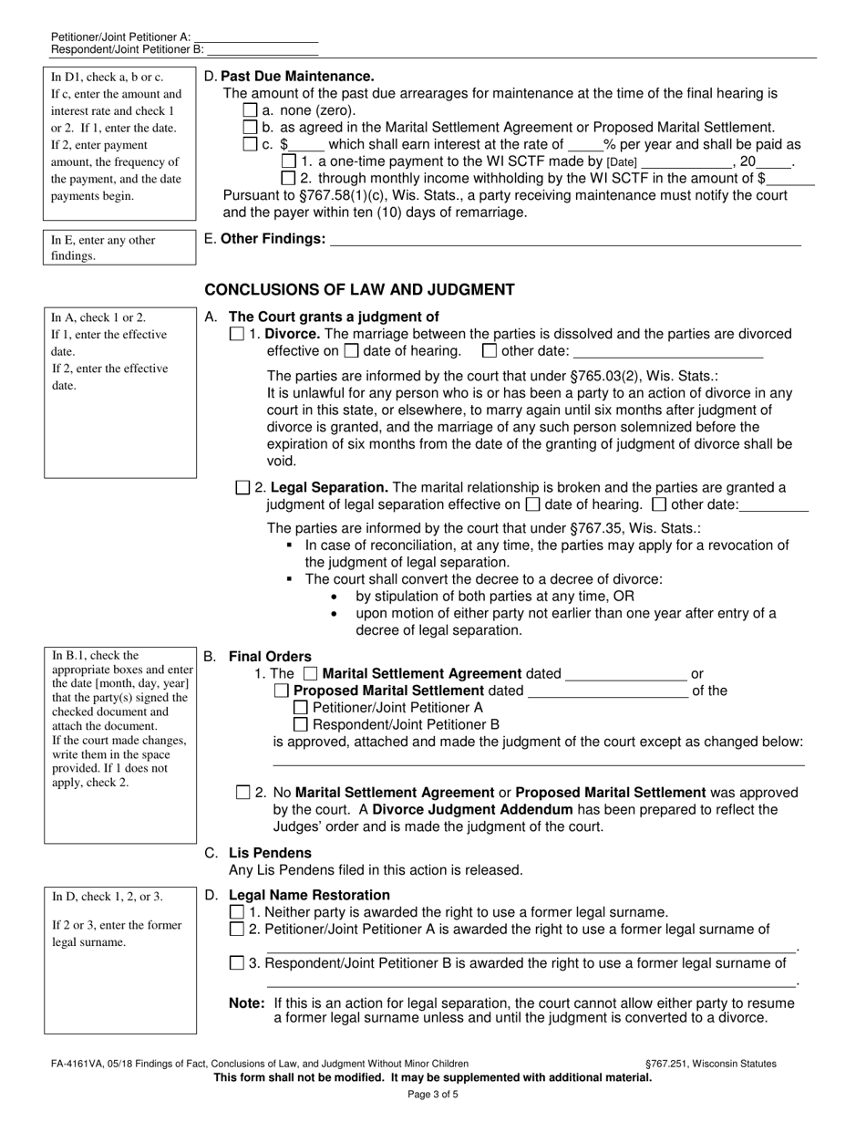 Form FA-1461VA Findings of Fact, Conclusions of Law, and Judgment Without Minor Children - Wisconsin, Page 3
