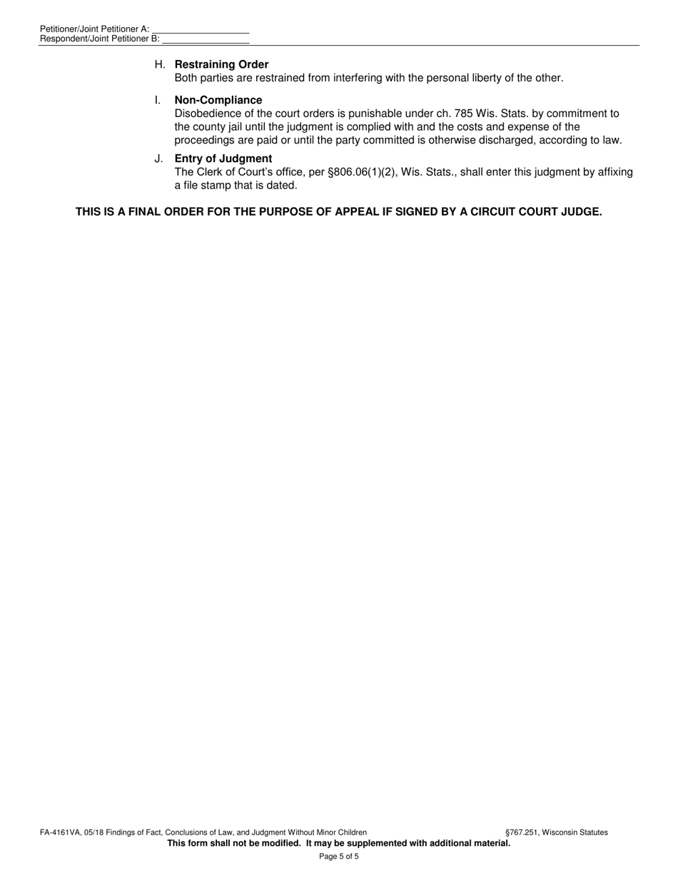 Form FA-1461VA Findings of Fact, Conclusions of Law, and Judgment Without Minor Children - Wisconsin, Page 5