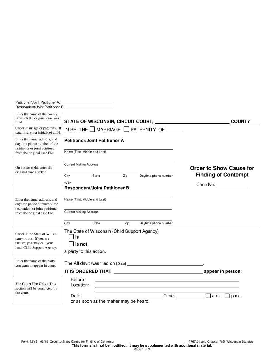 Form FA-4172VB Order to Show Cause for Finding of Contempt - Wisconsin, Page 1