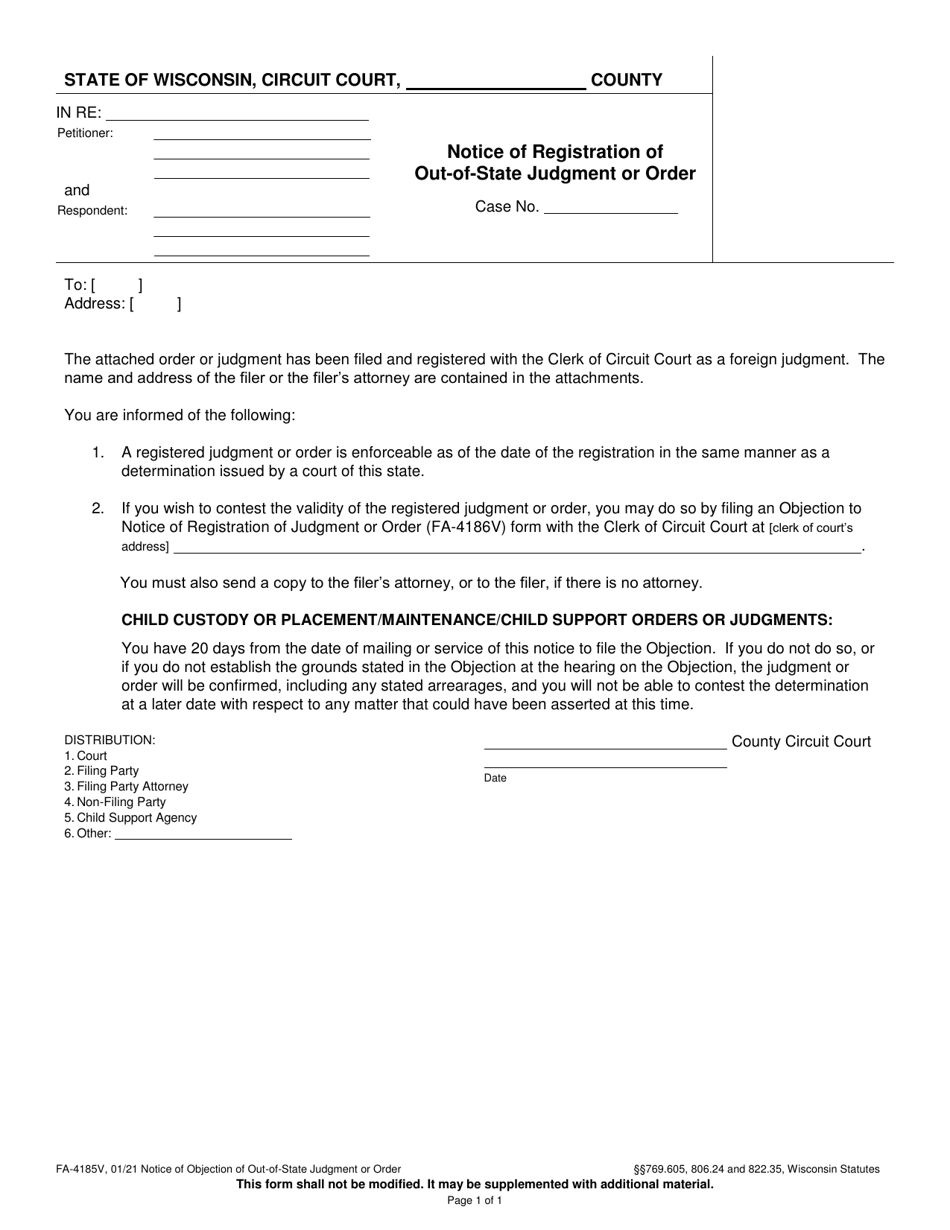 Form FA-4185V Notice of Registration of Out-of-State Judgment or Order - Wisconsin, Page 1