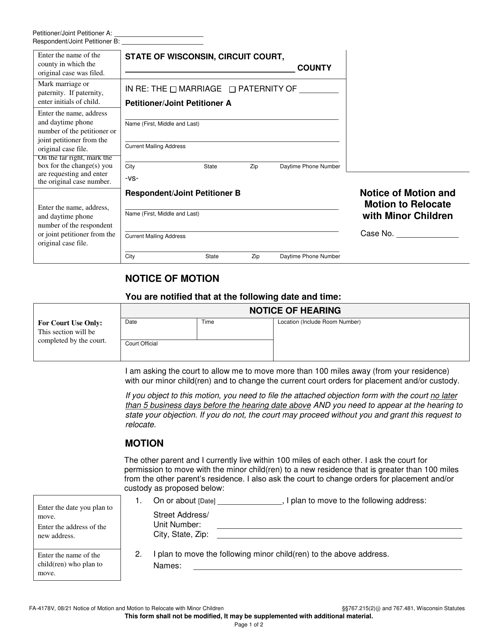 Form FA-4178V Notice of Motion and Motion to Relocate With Minor Children - Wisconsin