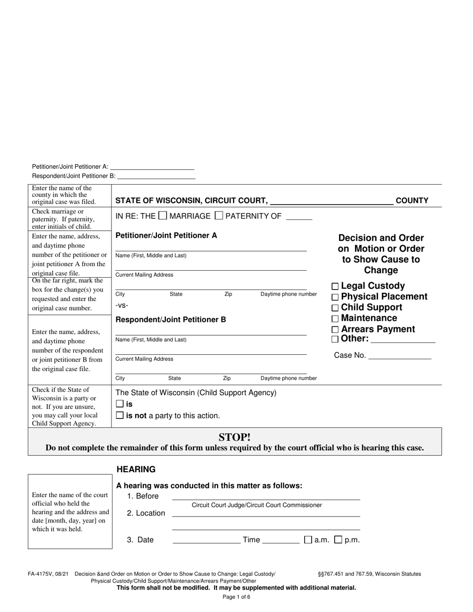 Form FA-4175V Decision and Order on Motion or Order to Show Cause to: Change of Legal Custody, Physical Placement, Child Support, Maintenance, Other - Wisconsin, Page 1