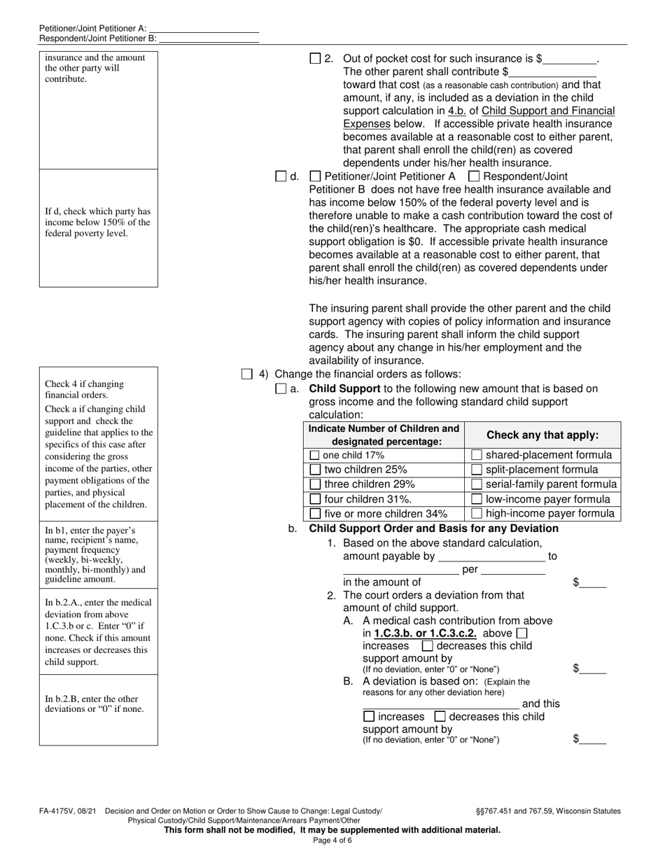 Form FA-4175V Decision and Order on Motion or Order to Show Cause to: Change of Legal Custody, Physical Placement, Child Support, Maintenance, Other - Wisconsin, Page 4