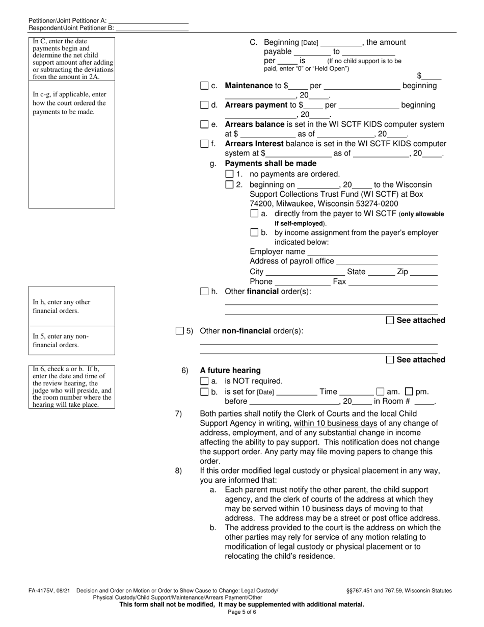 Form FA-4175V Decision and Order on Motion or Order to Show Cause to: Change of Legal Custody, Physical Placement, Child Support, Maintenance, Other - Wisconsin, Page 5