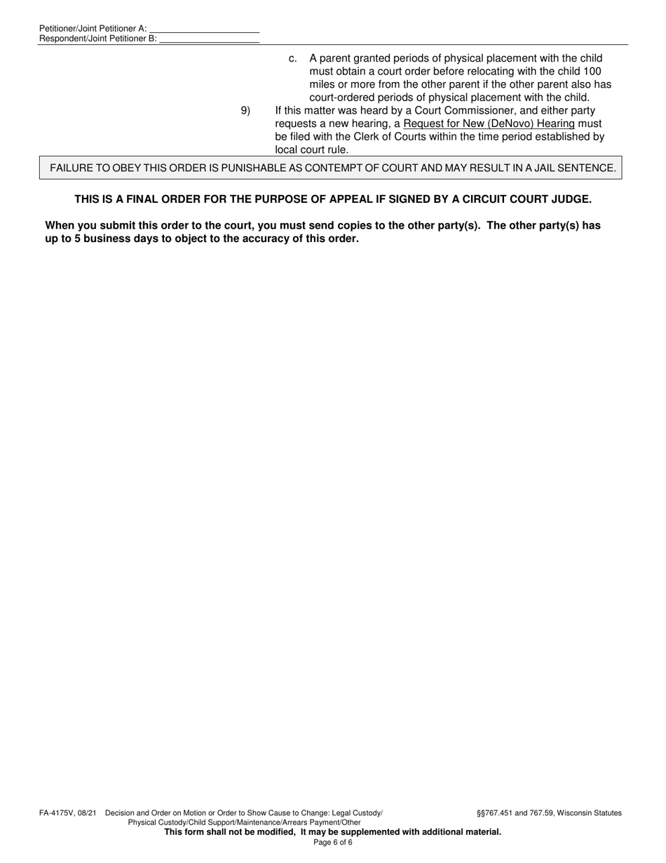 Form FA-4175V Decision and Order on Motion or Order to Show Cause to: Change of Legal Custody, Physical Placement, Child Support, Maintenance, Other - Wisconsin, Page 6