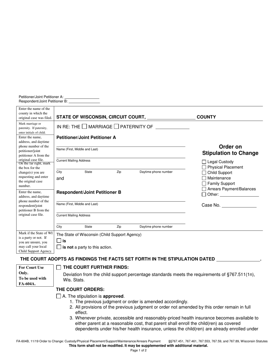 Form FA-604B Order on Stipulation to Change: Custody/Placement/Support/Maintenance/Arrears - Wisconsin, Page 1