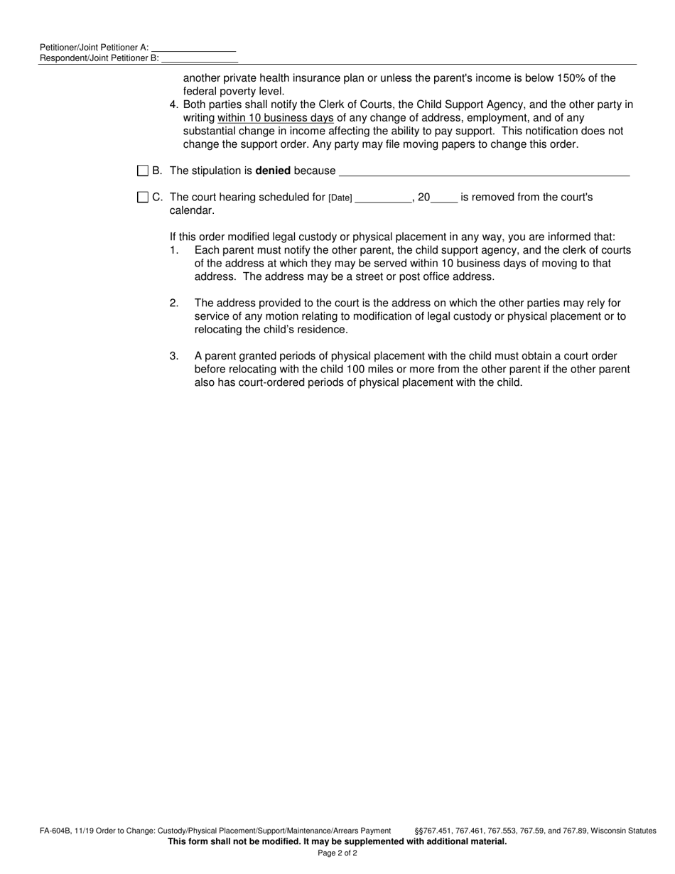 Form FA-604B Order on Stipulation to Change: Custody / Placement / Support / Maintenance / Arrears - Wisconsin, Page 2