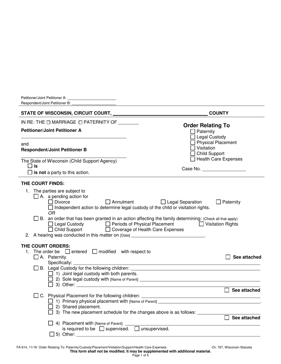 Form FA-614 Order Relating to Paternity / Legal Custody / Physical Placement / Visitation / Child Support / Health Care Expenses - Wisconsin, Page 1