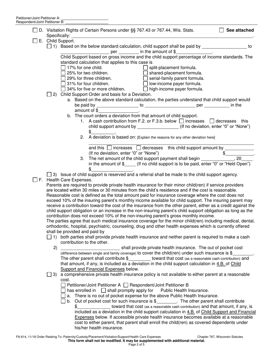 Form FA-614 Order Relating to Paternity / Legal Custody / Physical Placement / Visitation / Child Support / Health Care Expenses - Wisconsin, Page 2