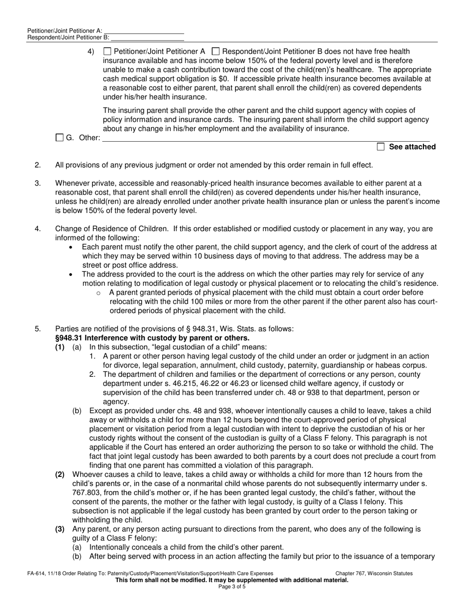 Form FA-614 Order Relating to Paternity / Legal Custody / Physical Placement / Visitation / Child Support / Health Care Expenses - Wisconsin, Page 3