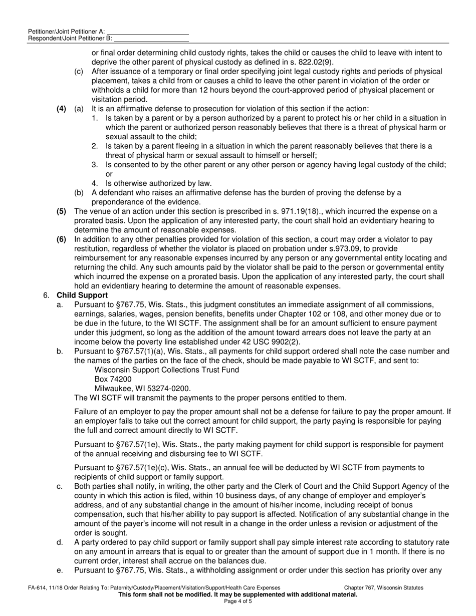 Form FA-614 Order Relating to Paternity / Legal Custody / Physical Placement / Visitation / Child Support / Health Care Expenses - Wisconsin, Page 4