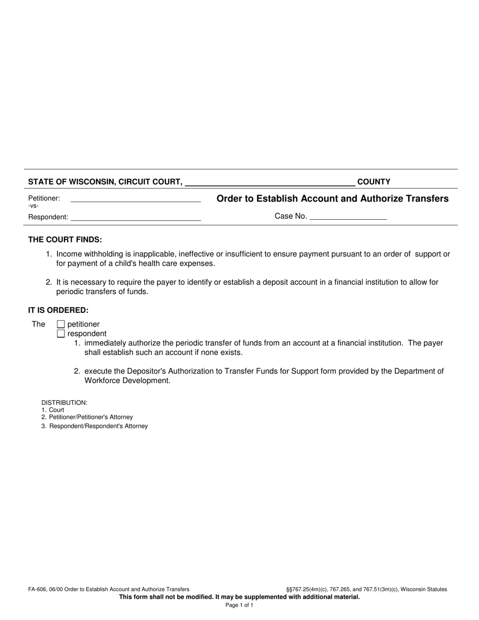 Form FA-606 Order to Establish Account and Authorize Transfers - Wisconsin, Page 1