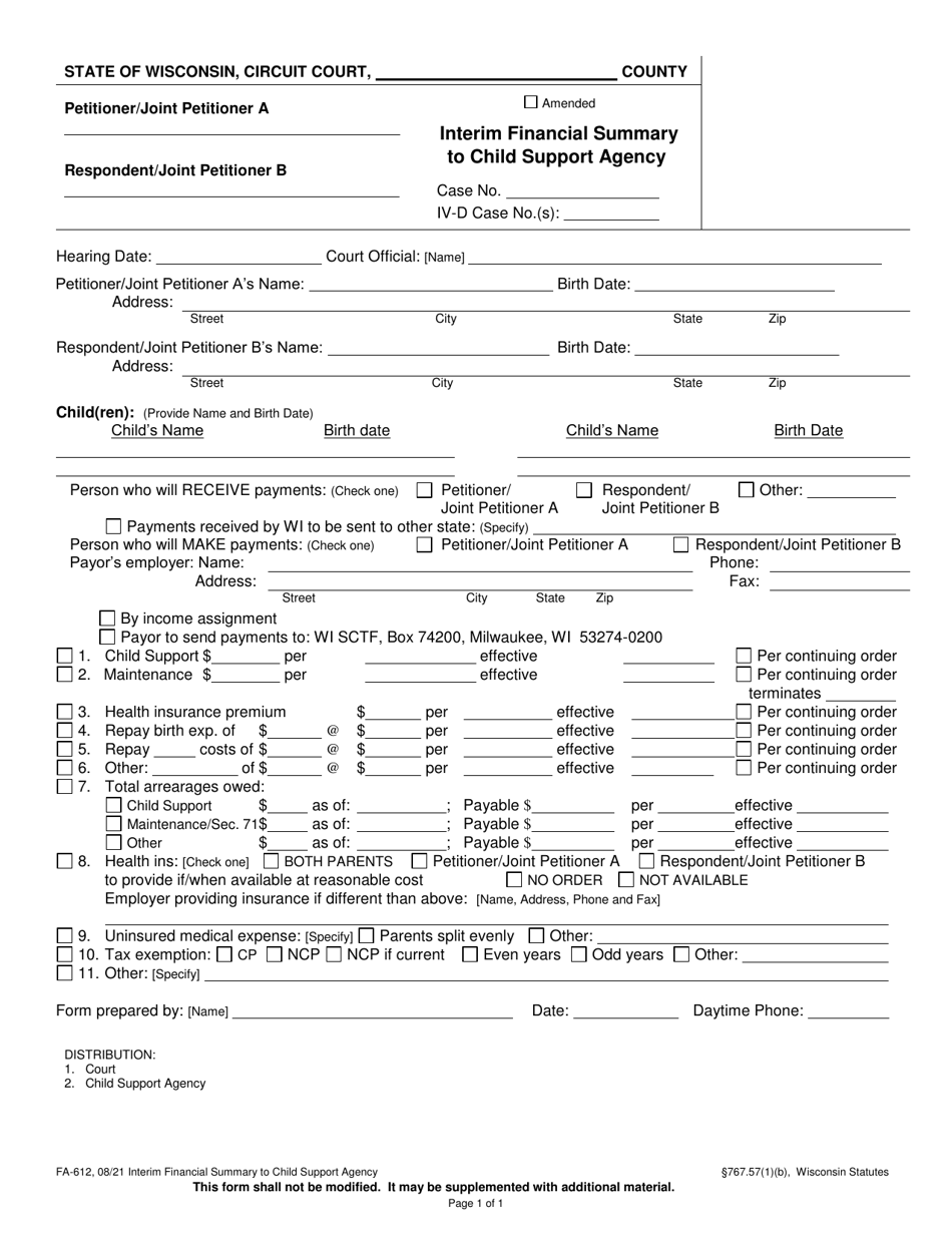 Form FA-612 Interim Financial Summary to Child Support Agency - Wisconsin, Page 1