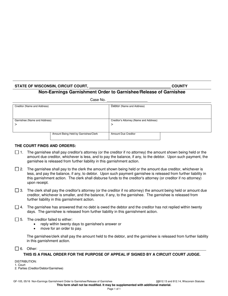 Form GF-105 Non-earnings Garnishment Order to Garnishee / Release of Garnishee - Wisconsin, Page 1