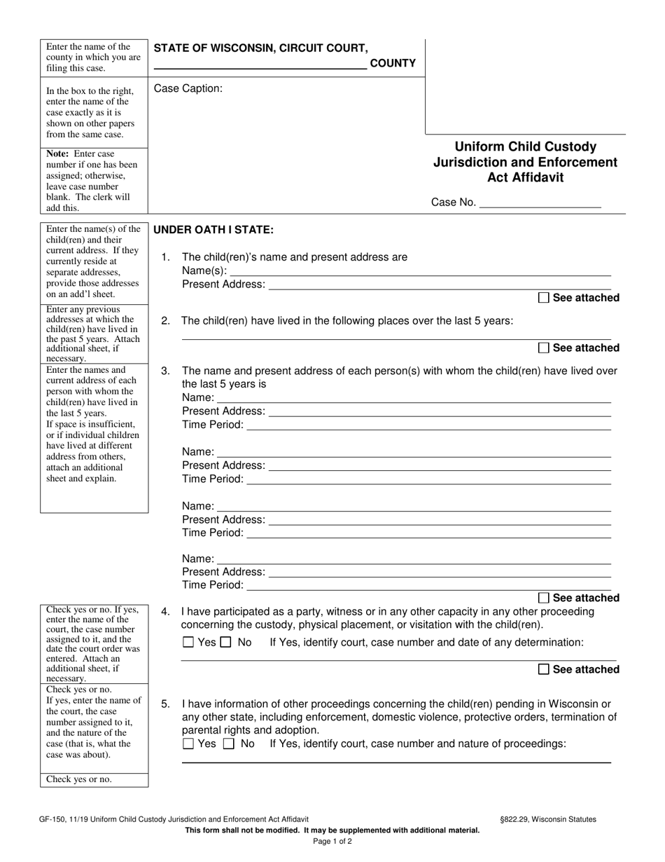 Form GF-150 Uniform Child Custody Jurisdiction and Enforcement Act Affidavit - Wisconsin, Page 1
