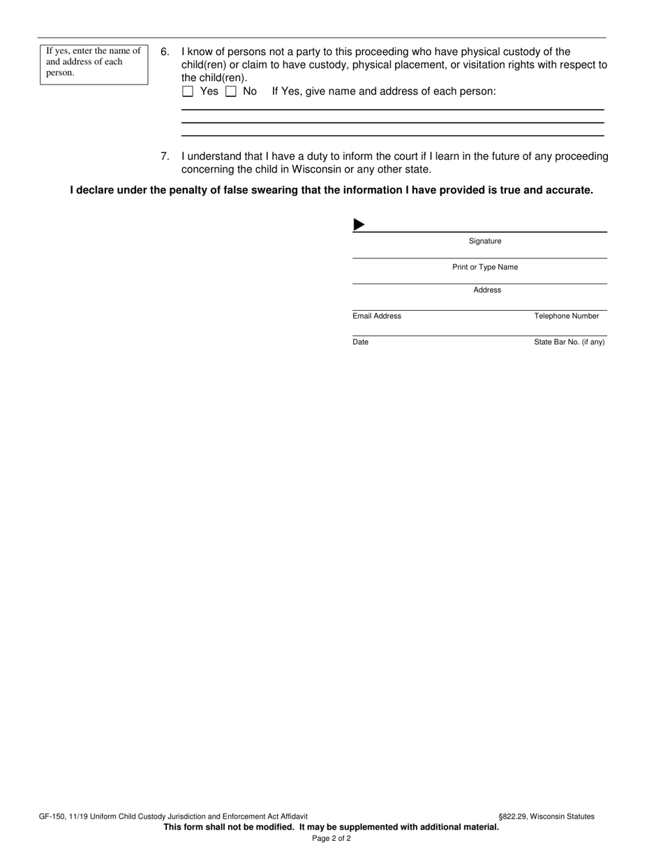 Form GF-150 Uniform Child Custody Jurisdiction and Enforcement Act Affidavit - Wisconsin, Page 2
