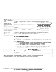 Document preview: Form GF-182B Order on Petition Concerning Sealing Defendant's Name From the Court Record Because of Identity Theft or Mistaken Identity - Wisconsin