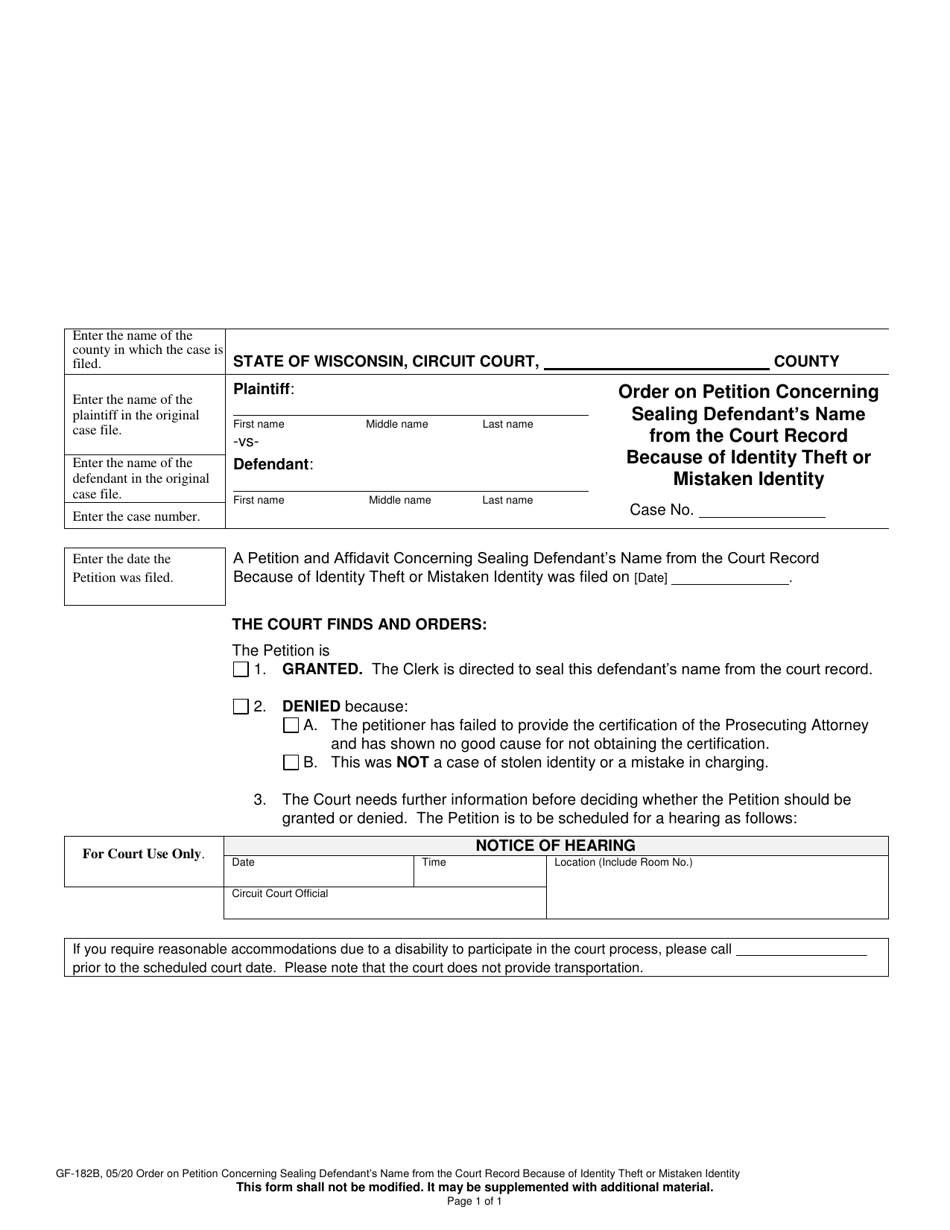 Form GF-182B Order on Petition Concerning Sealing Defendants Name From the Court Record Because of Identity Theft or Mistaken Identity - Wisconsin, Page 1
