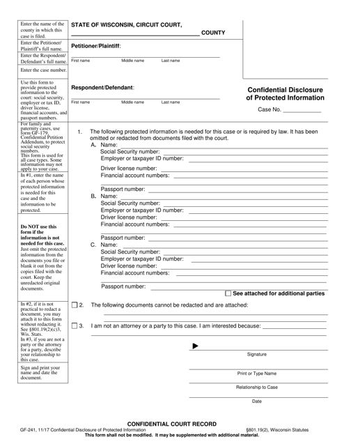 Form GF-241 Confidential Disclosure of Protected Information - Wisconsin