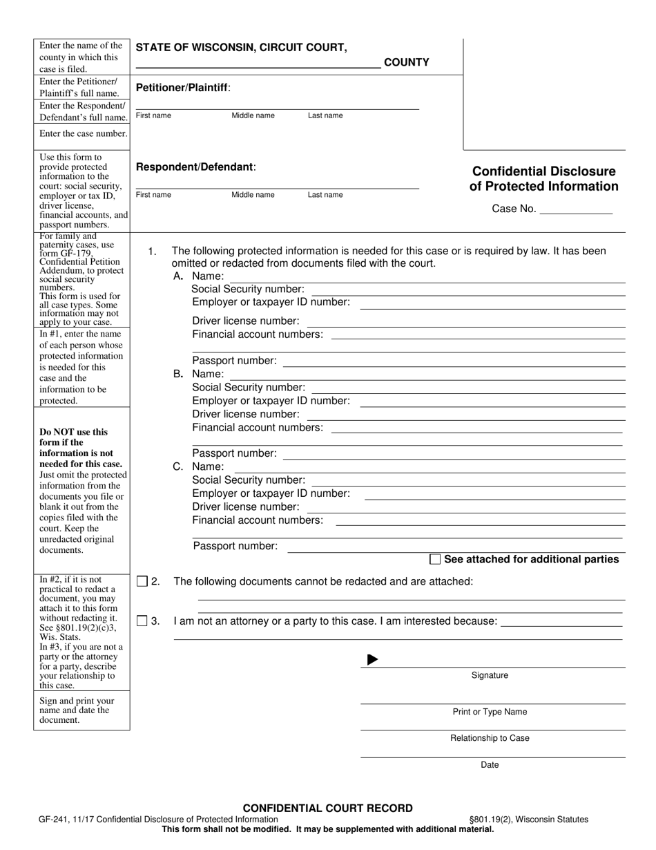 Form GF-241 Confidential Disclosure of Protected Information - Wisconsin, Page 1