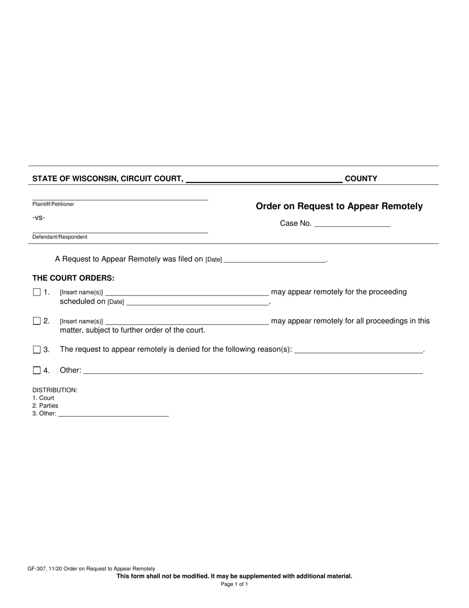 Form GF-307 Order on Request to Appear Remotely - Wisconsin, Page 1