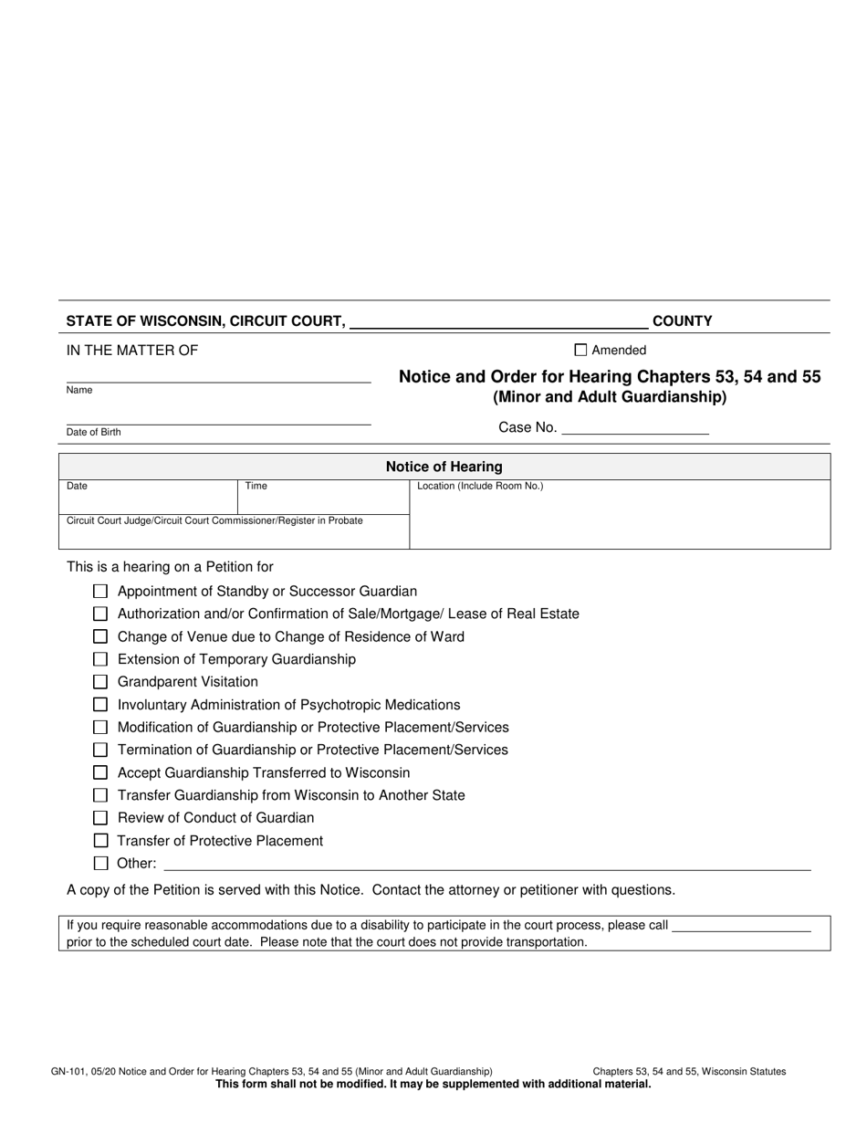 Form GN-101 Notice and Order for Hearing Chapters 53, 54 and 55 (Minor and Adult Guardianship) - Wisconsin, Page 1